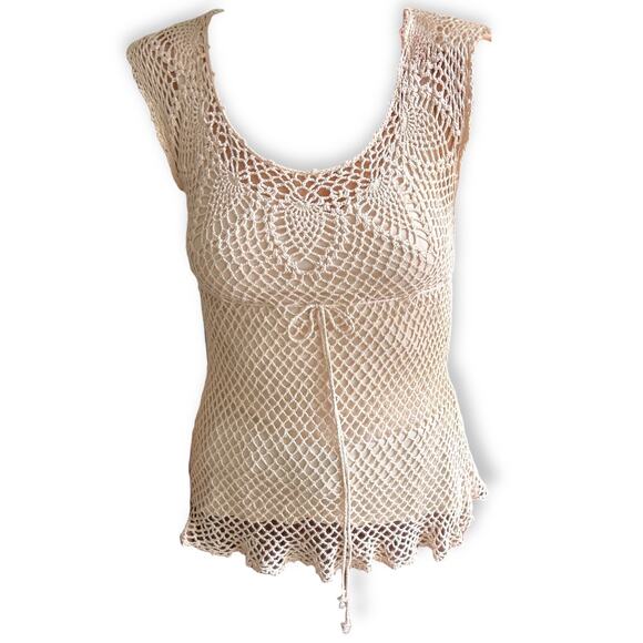 Y2K Crochet Open Weave Tank Top Scalloped Hem Boho Fairycore VTG Festival Chic S - Picture 14 of 14